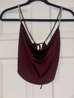 Windsor Burgundy Rhinestone Strap Cowl Neck Y2K Going Out Top